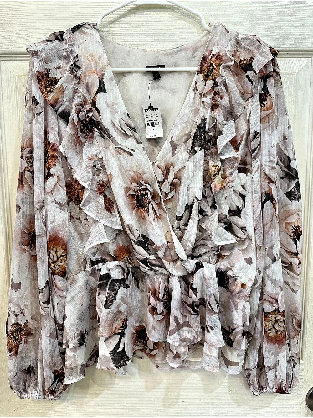 Express Floral Ruffle Wrap Blouse Pink & Brown Large